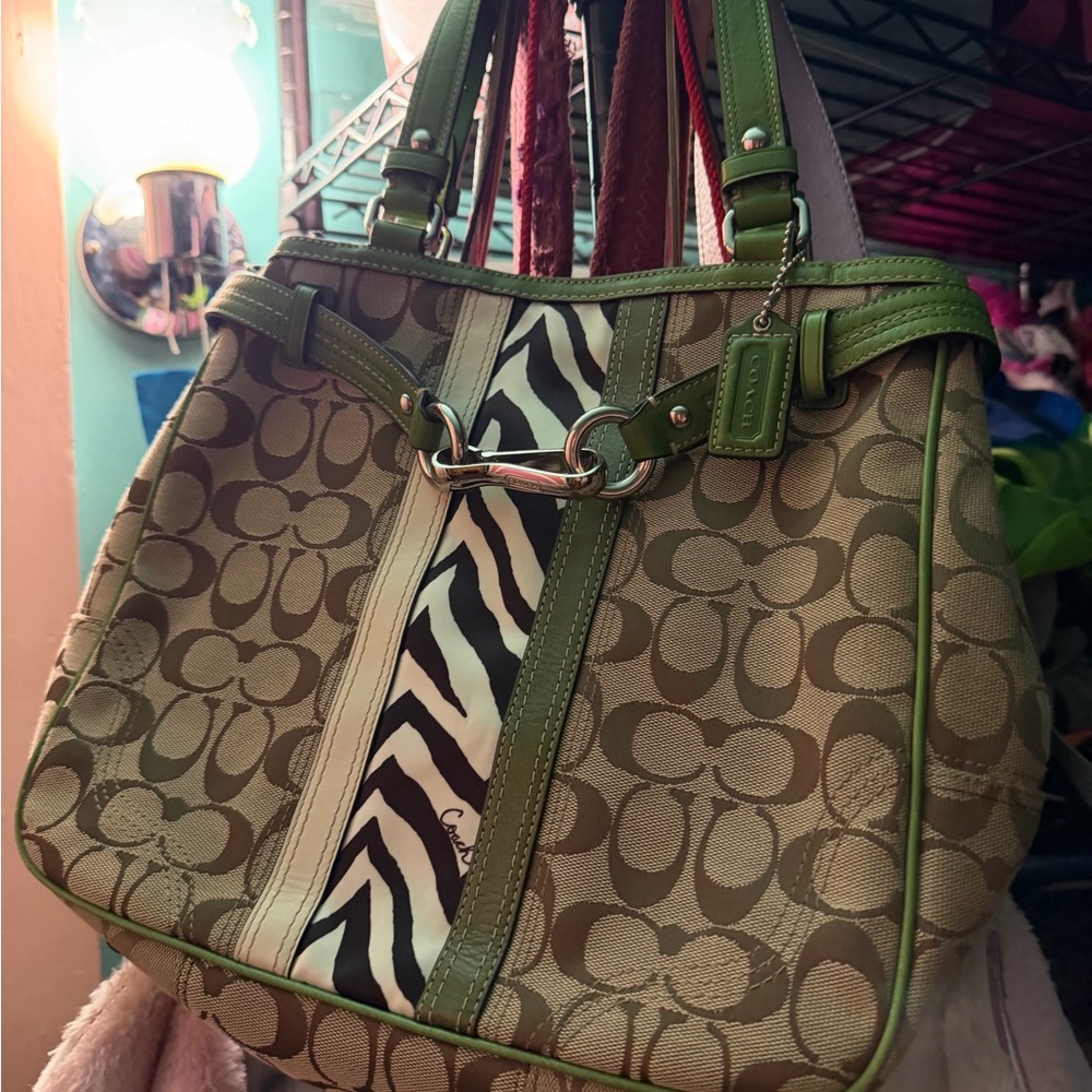 Coach Zebra Stripe Green and Tan Shoulder Bag